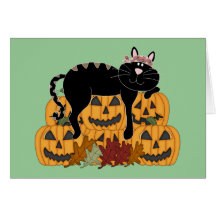 Black Cat and Pumpkins Greeting Cards