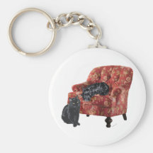 Black Cat and Scottish Terrier in a Red Chair Key Chains