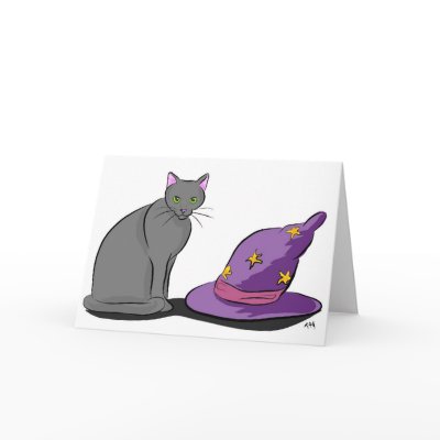 Black Cat and Witch Hat Greeting Card by Quequay