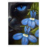 BLACK CAT BEHIND THE LOBELIA FLOWERS Card
