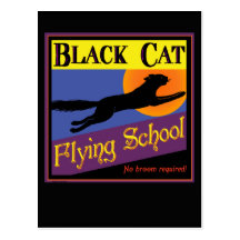 Black Cat Flying School Halloween Greeting Card Postcard