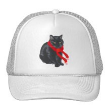 Black Cat Keeping Warm at Christmas Hats