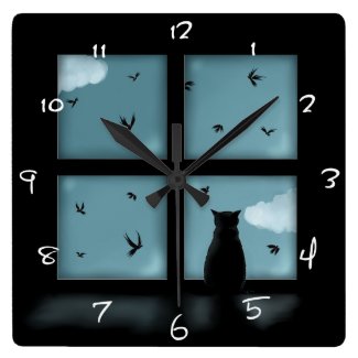 Black Cat Looking Out Window At Heaven Clock