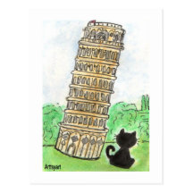 Black cat Noir Chat Leaning Tower of Pisa Art Postcard