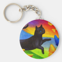 Black Cat Painting Butterflies Art - Multi Key Chain