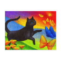 Black Cat Painting Butterflies Art - Multi Post Card