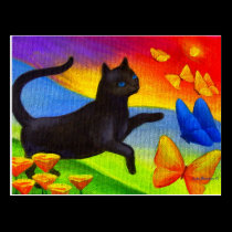 Black Cat Painting Butterflies Art - Multi postcards