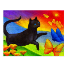Black Cat Painting Butterflies Art - Multi Post Card