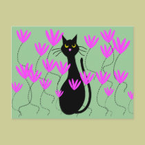 Black Cat Pink Flowers Cards postcards