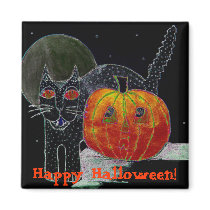 black cat pumpkin & moon fridge magnets