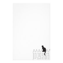 Black Cat Sitting on White Picket Fence Waiting Stationery Design