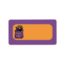 Black Cat "Trick or Treat" Purple Address Label