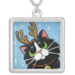 Black Cat wearing Reindeer Antlers | Art Pendant