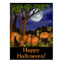Black Cats & Pumpkins Halloween Postcard