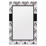black chandelier on white modern damask personalized stationery