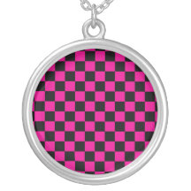 Black checkers on pink background personalized necklace