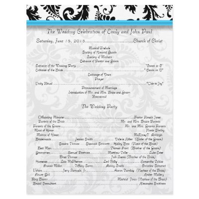 Black Damak Swirls Bright Aqua Wedding Program by samack