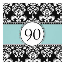 Black Damask 90th Birthday Invitations Blue