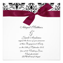 Black Damask And Burgundy Ribbon Engagement Invite