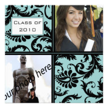 Black Damask Aqua Blue Graduation Invitation