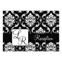 Black Damask Double Initials Wedding Reception Custom Invitations