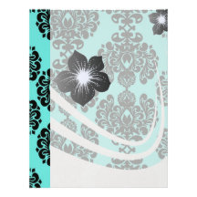 black damask elegance on aqua aquamarine blue letterhead