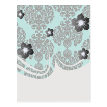 black damask elegance on aqua aquamarine blue postcard