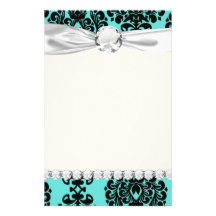 black damask elegance on aqua aquamarine blue customized stationery