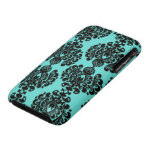 black damask elegance on aqua blue Case-Mate iPhone 3 case
