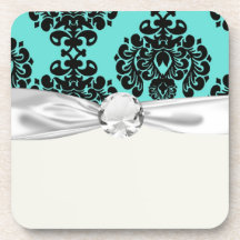black damask elegance on aqua blue coasters