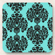 black damask elegance on aqua blue beverage coasters