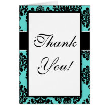 black damask elegance on aqua blue design greeting cards