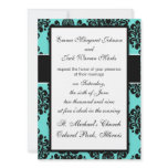 black damask elegance on aqua blue design invitation