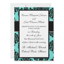 black damask elegance on aqua blue design invitation