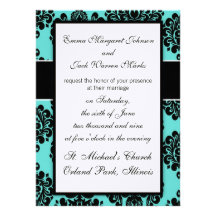 black damask elegance on aqua blue design invitation