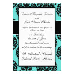 black damask elegance on aqua blue design invite
