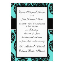 black damask elegance on aqua blue design invite
