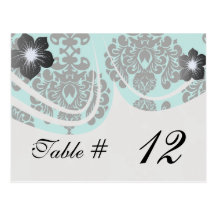 black damask elegance on aqua blue design post card