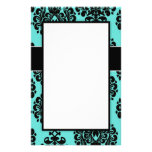 black damask elegance on aqua blue design stationery