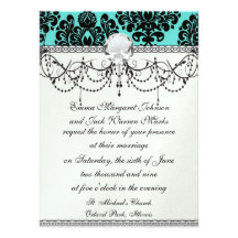 black damask elegance on aqua blue personalized announcement