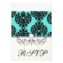 black damask elegance on aqua blue custom invitation