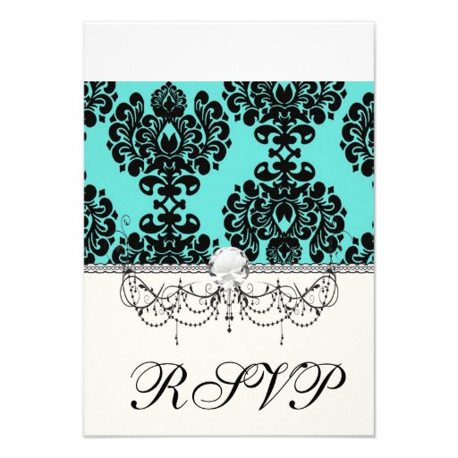 black damask elegance on aqua blue custom invitation
