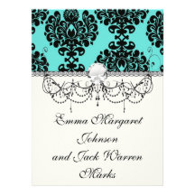 black damask elegance on aqua blue custom invitation