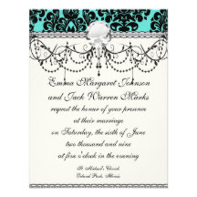 black damask elegance on aqua blue invitations