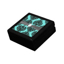 black damask elegance on aqua blue keepsake boxes