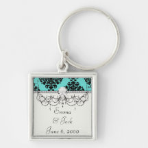 black damask elegance on aqua blue key chain