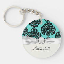 black damask elegance on aqua blue round acrylic keychain