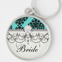 black damask elegance on aqua blue keychains