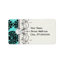 black damask elegance on aqua blue personalized address labels