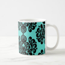 black damask elegance on aqua blue mugs